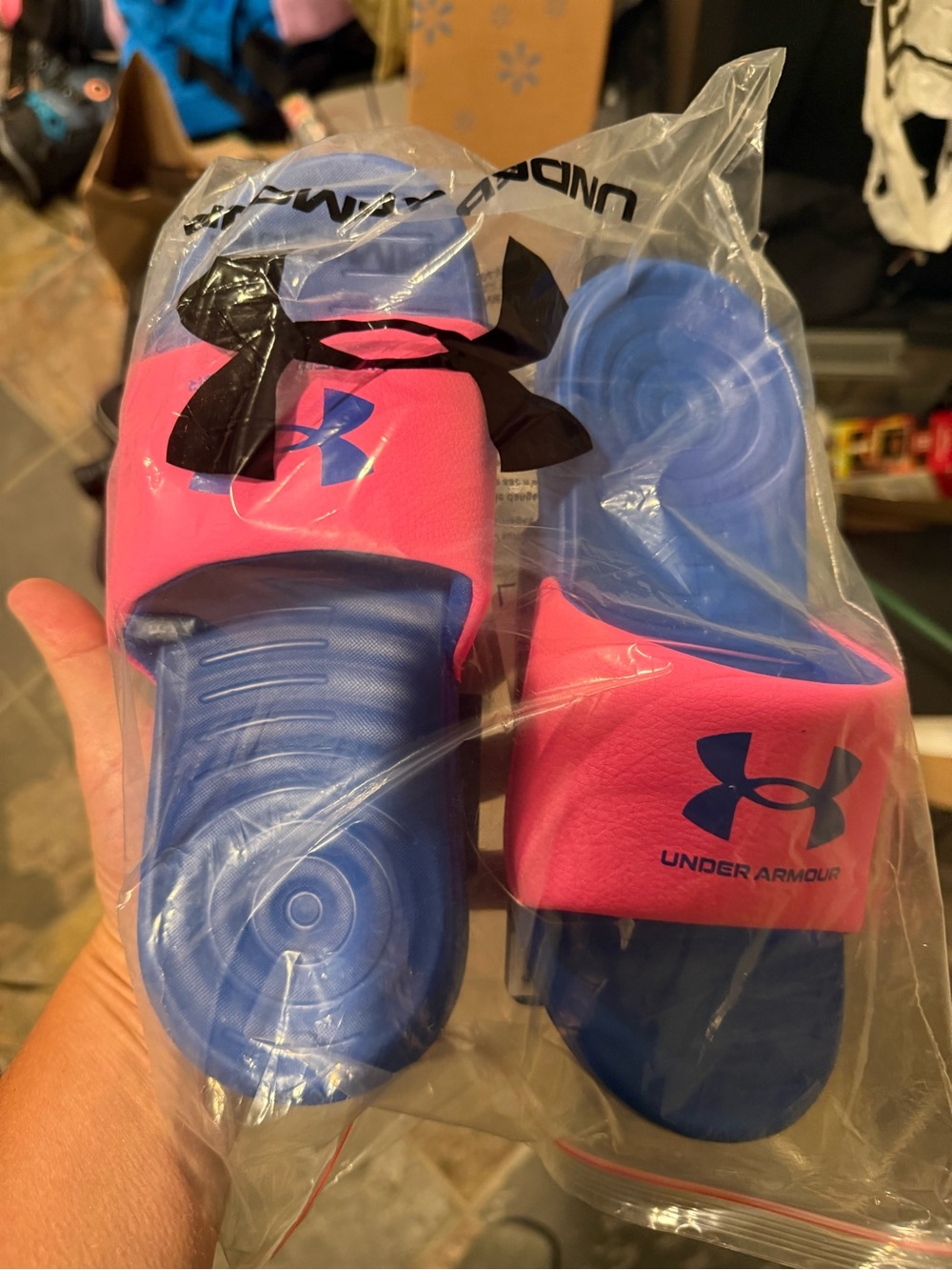 Under Armour Blue Footbed with Pink Strap Slides